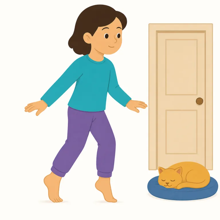 tiptoeing（つま先で歩く・動詞）の覚え方イラスト — tip は「先」、toe は「つま先」