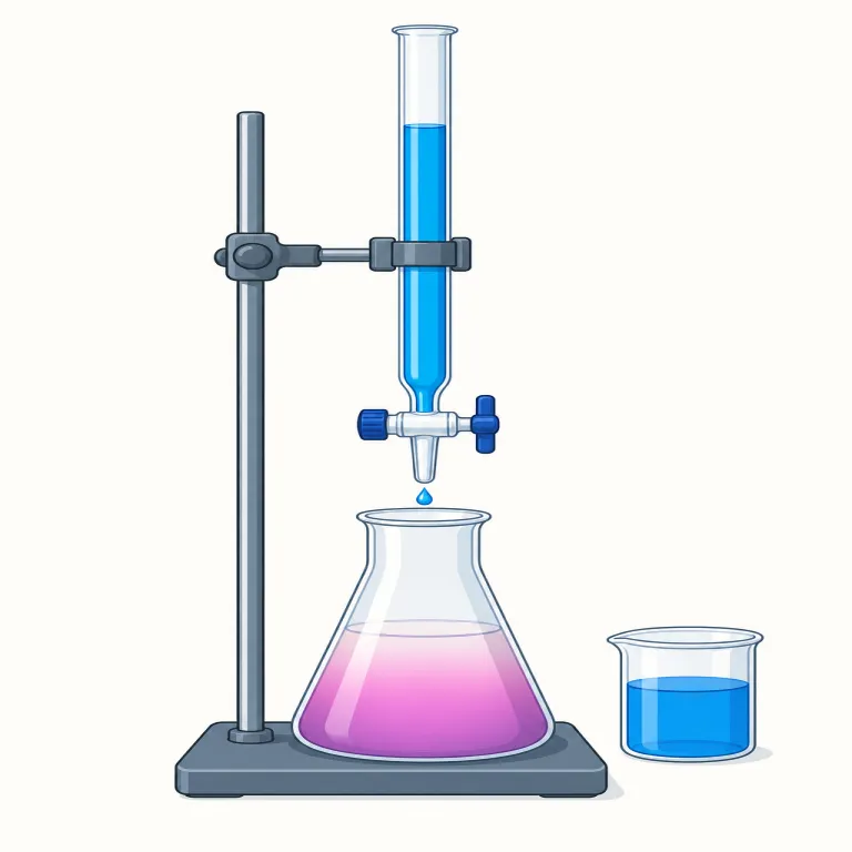 titration（滴定・名詞）の覚え方イラスト — まず動詞 titrate を知っていると覚えやすく、titration はその「操作・過程」を表す -tion 形です