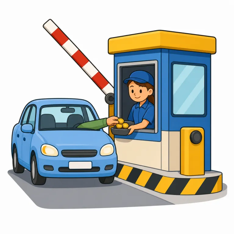 toll（通行料金・名詞）の覚え方イラスト — 高速道路の料金所で一時停止し、通る権利のために小額を支払う場面を思い浮かべると定着します
