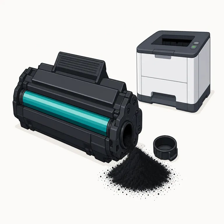 toner（トナー・名詞）の覚え方イラスト — toner は、コピー機やレーザープリンターで使う粉状の色材を指します