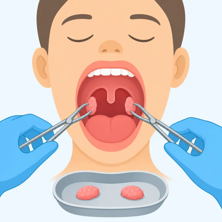 tonsillectomy（扁桃腺摘出術・名詞）の覚え方イラスト — 長く見えますが、まず語尾の -ectomy を「外科で何かを切り取る手術」の印として覚えると一気に楽です