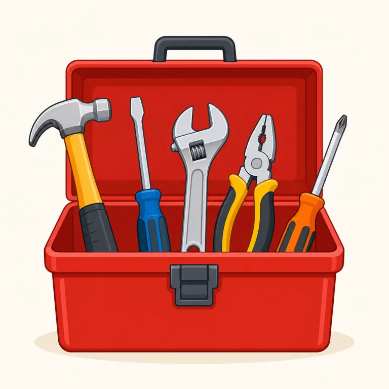 tool（道具、手段・名詞）の覚え方イラスト — まず「手で使う具体的な道具」を中心に置くと覚えやすい語です