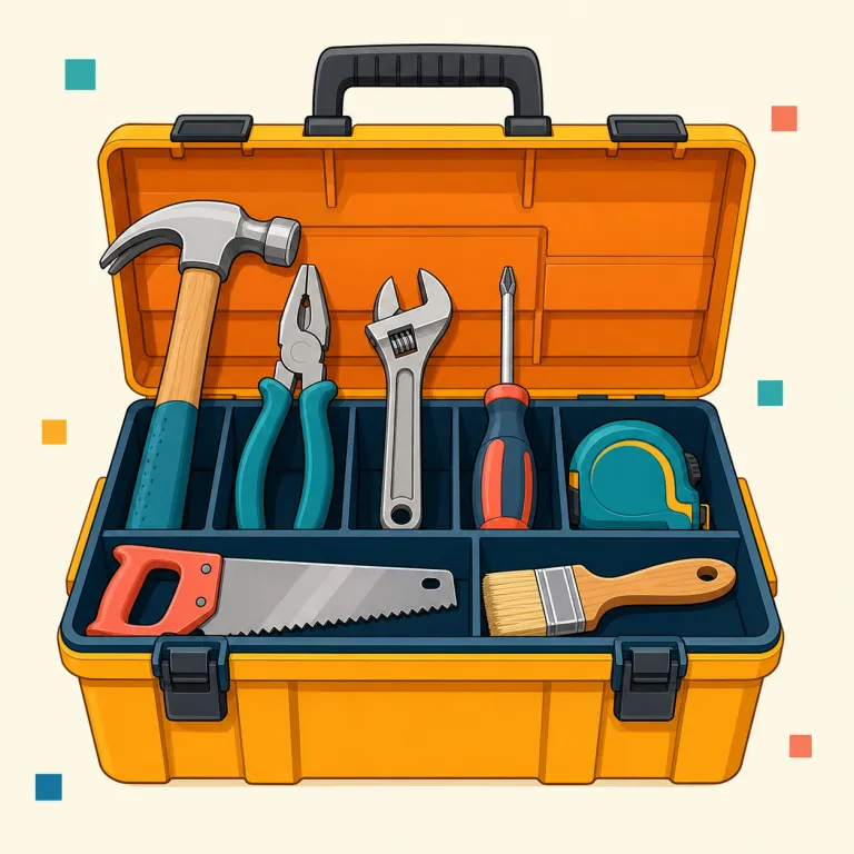 toolkit（道具一式・名詞）の覚え方イラスト — tool「道具」と kit「必要な物をまとめた一式」を、そのまま足して覚えられる語です