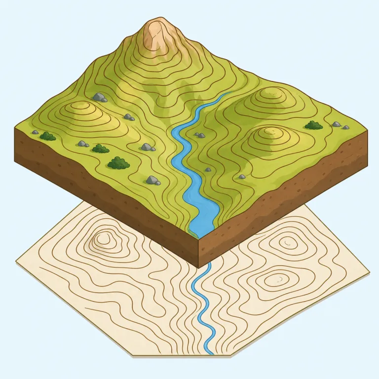 topographic（地形的な・形容詞）の覚え方イラスト — `graphic` が「図・描写」、`geography` が「地理」と結びつくなら、`topographic` は「土地の形を図にしたものに関する」と考えると覚えやすい