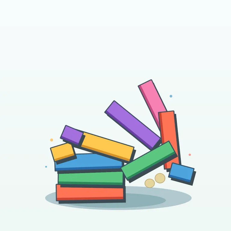 topple（倒れる・動詞）の覚え方イラスト — top「上部」が高い位置にある物を思い浮かべると、重心がずれて上から横へ倒れていく動きがつかみやすいです