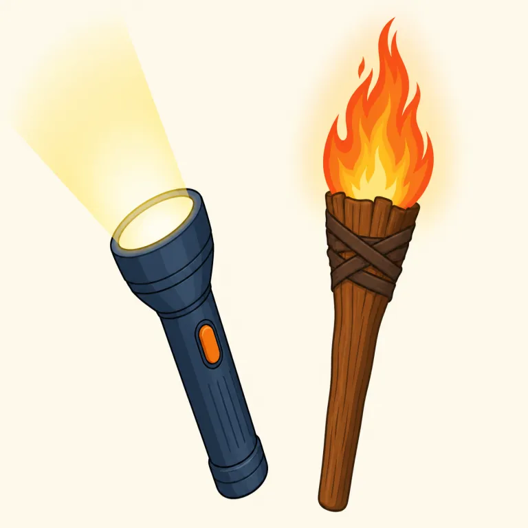 torch（懐中電灯、たいまつ・名詞）の覚え方イラスト — light や flashlight と結びつけると覚えやすい語です