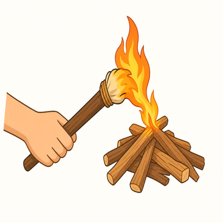 torching（火を放つ・動詞）の覚え方イラスト — このエントリの torching は、単に火をつける基本義ではなく、建物・車・倉庫などを意図的に燃やして損害を与える「火を放つ」という強い意味です
