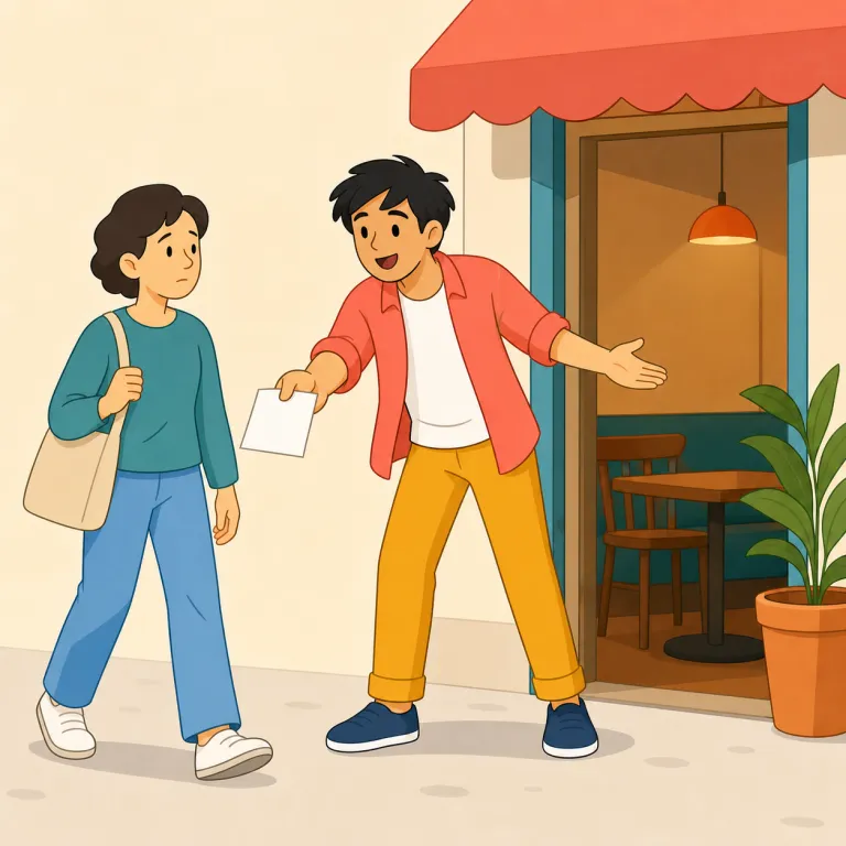 tout（客引き・名詞）の覚え方イラスト — tout は「商品やサービスを盛んに売り込む」という動詞でもあり、人を表すと「客引き」になる