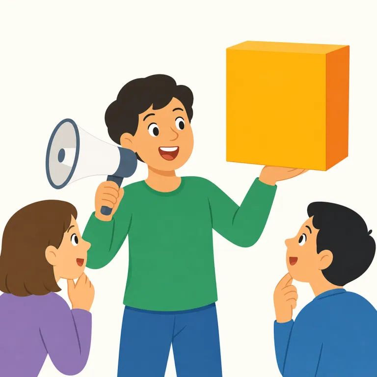 touting（売り込む、盛んに宣伝する・動詞）の覚え方イラスト — tout は advertise より押しが強く、promote よりも「価値を大きく見せて売り込む」感じが出やすい語
