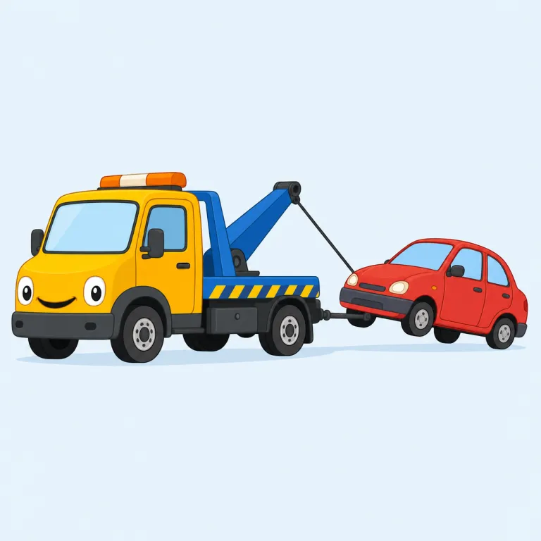 tow（牽引する・動詞）の覚え方イラスト — tow はまず「pull の中でも、ロープやバーでつないで乗り物を引く動作」と整理すると残りやすいです