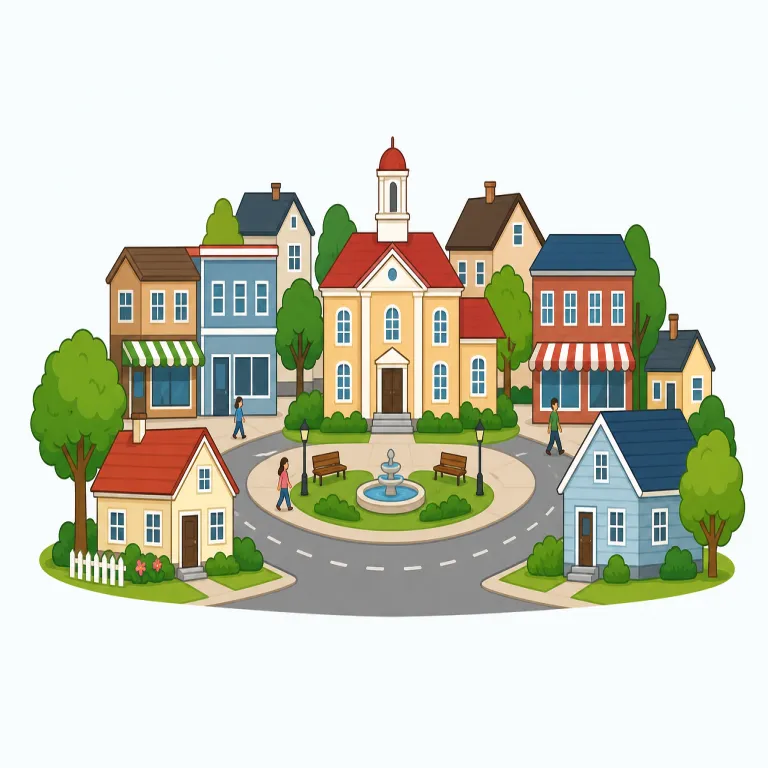 town（町・名詞）の覚え方イラスト — この town は「市街地へ行く」のような中心部の意味ではなく、city より小さく village より大きい、独立した生活共同体としての「町」を指します