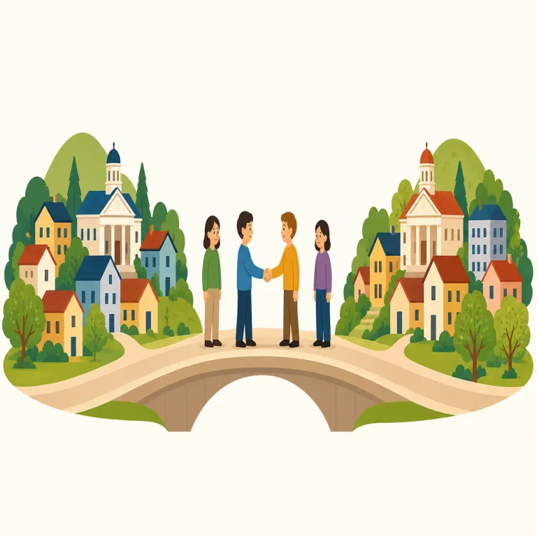 town twinning（姉妹都市・名詞）の覚え方イラスト — twin＝「双子」を知っていれば、town twinning は「町どうしを双子のように結び、行き来や交流を続けること」とイメージすると残りやすいです