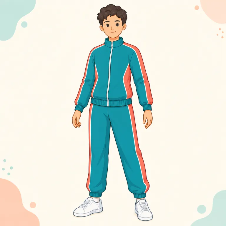 tracksuit（ジャージ・名詞）の覚え方イラスト — track は「陸上競技のトラック」、suit は「上下などがひとそろいになった服」です