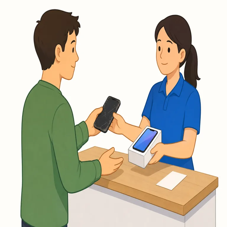 trade in（下取りする・句動詞）の覚え方イラスト — この trade in は「古い物を店に渡して、新しい物の代金の一部に充てる」という下取りの意味です