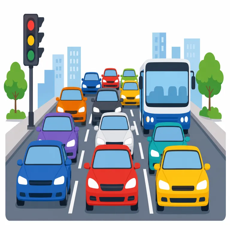 traffic（交通・名詞）の覚え方イラスト — travel や transfer など、tra- を見たらまず「人や物が動く場面」を連想すると定着しやすい