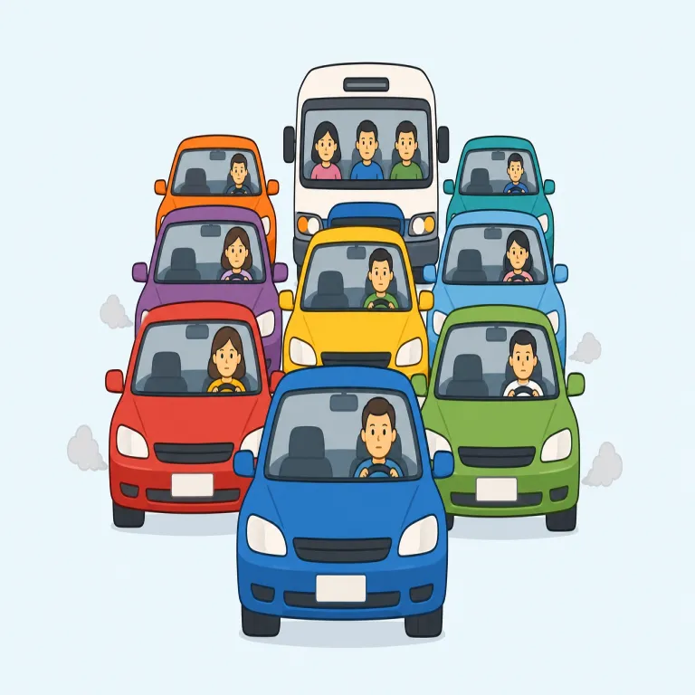 traffic jam（渋滞・名詞）の覚え方イラスト — traffic はまず「道路上の車の流れ」として覚え、jam は食べ物よりも jammed「詰まった」の感覚で押さえると定着しやすいです