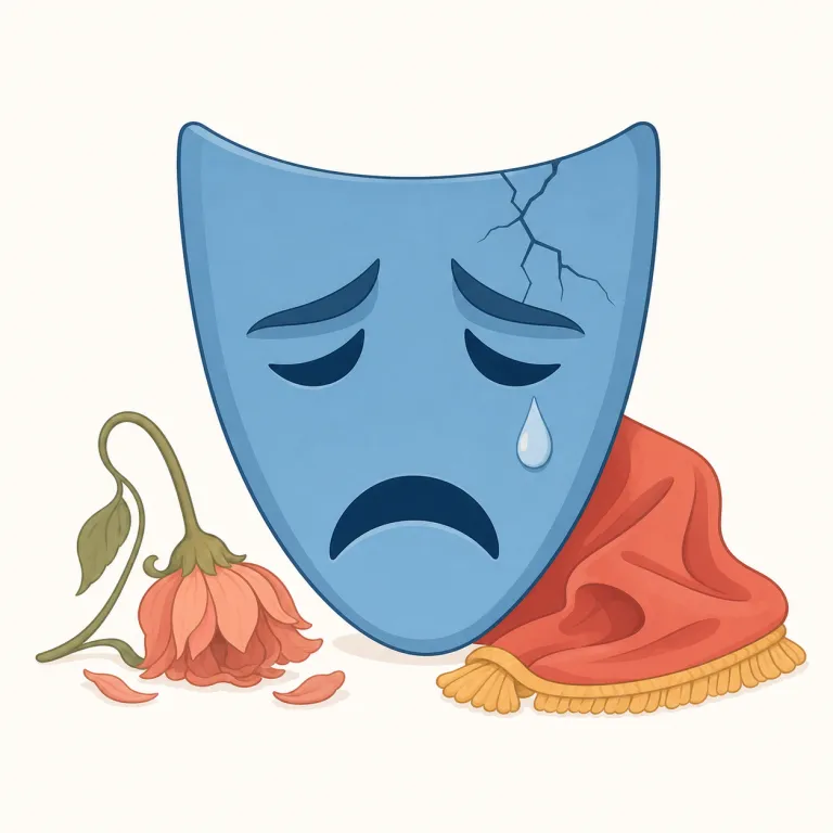 tragedy（悲劇・名詞）の覚え方イラスト — この「悲劇」は、単に現実の事故や災害としての「惨事」を指す基本義とは別に、物語・演劇・状況を「不幸な結末へ進むもの」と見る用法です