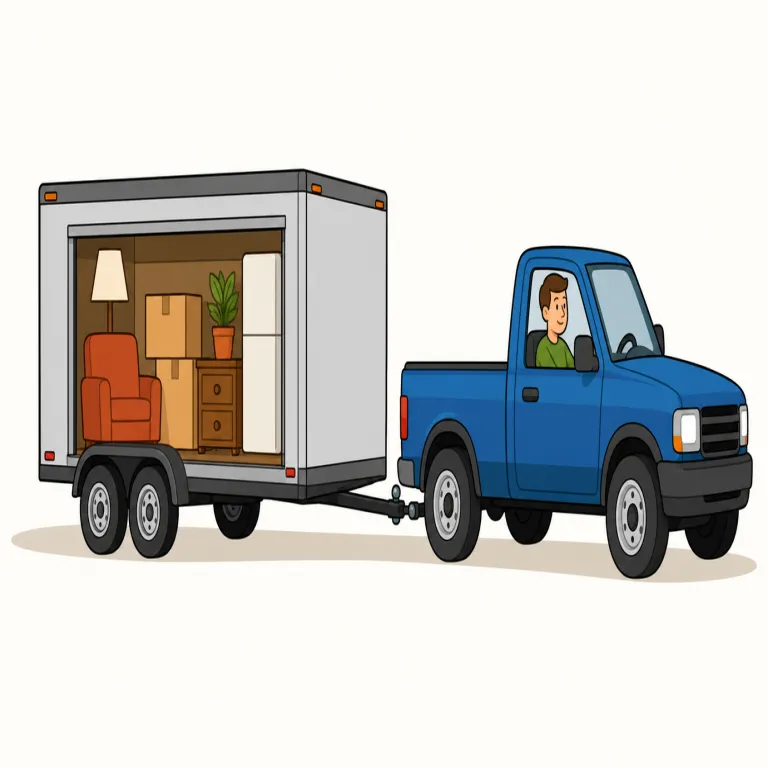 trailer（トレーラー・名詞）の覚え方イラスト — この意味の trailer は、車やトラックの後ろに連結され、引かれて動く荷台・居住用車両を指します