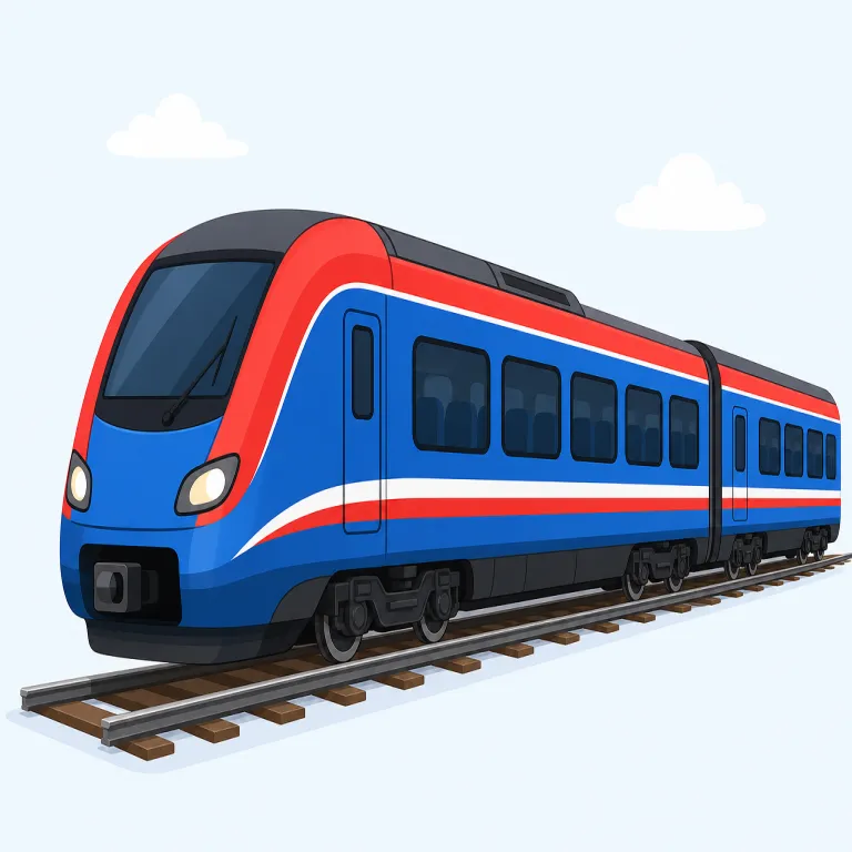 train（列車・名詞）の覚え方イラスト — train は駅・ホーム・時刻表と結びつく鉄道の基本語で、take the train「列車で行く」、catch the train「列車に間に合う」、miss the train「乗り遅れ…