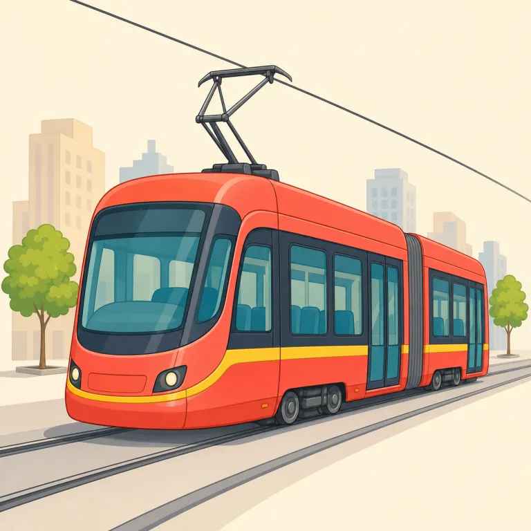 tram（路面電車・名詞）の覚え方イラスト — tram は道路と同じ高さの線路を走り、停留所で乗り降りする「路面電車」