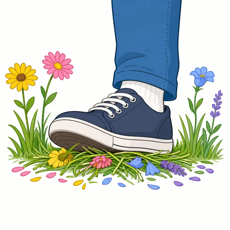 trample（踏みつける・動詞）の覚え方イラスト — trample は足で物や人を強く踏みつけ、傷つけたり押しつぶしたりする動詞です