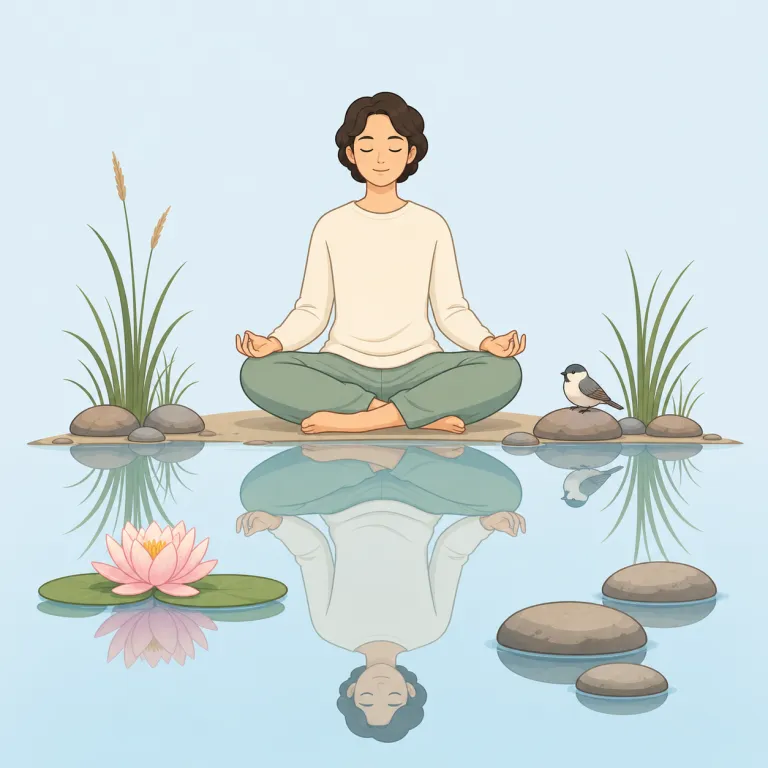 tranquility（平穏・名詞）の覚え方イラスト — tranquility は形容詞 tranquil「穏やかな、落ち着いた」に、state や quality を作る -ity が付いた名詞と考えると覚えやすい