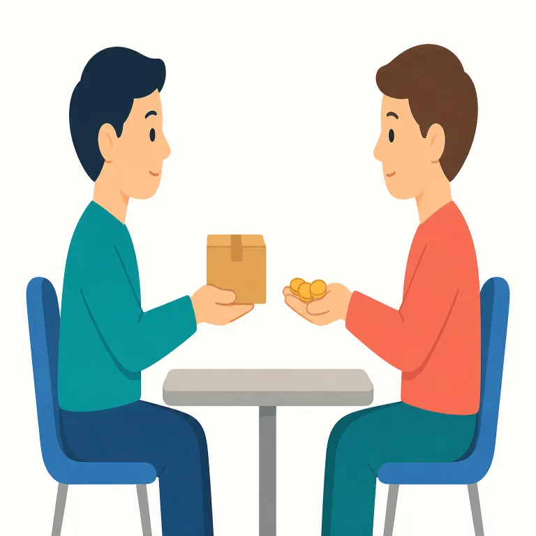 transactional（取引上の、打算的な・形容詞）の覚え方イラスト — transaction を知っていれば核は「取引」