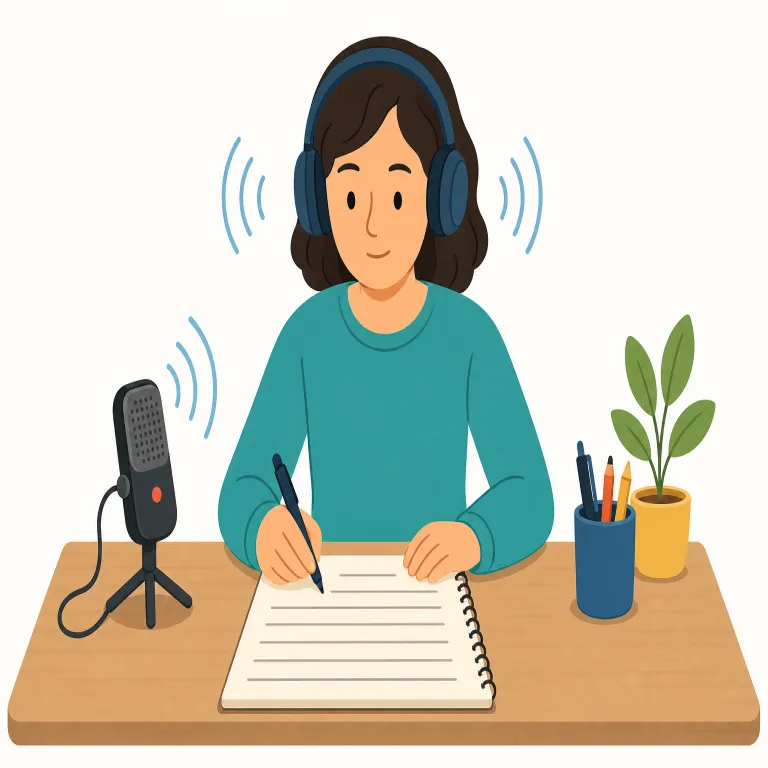 transcribe（文字に起こす・動詞）の覚え方イラスト — transcribe は、録音・口述・会話など、耳で聞く情報を読める文字に変える動作として覚える