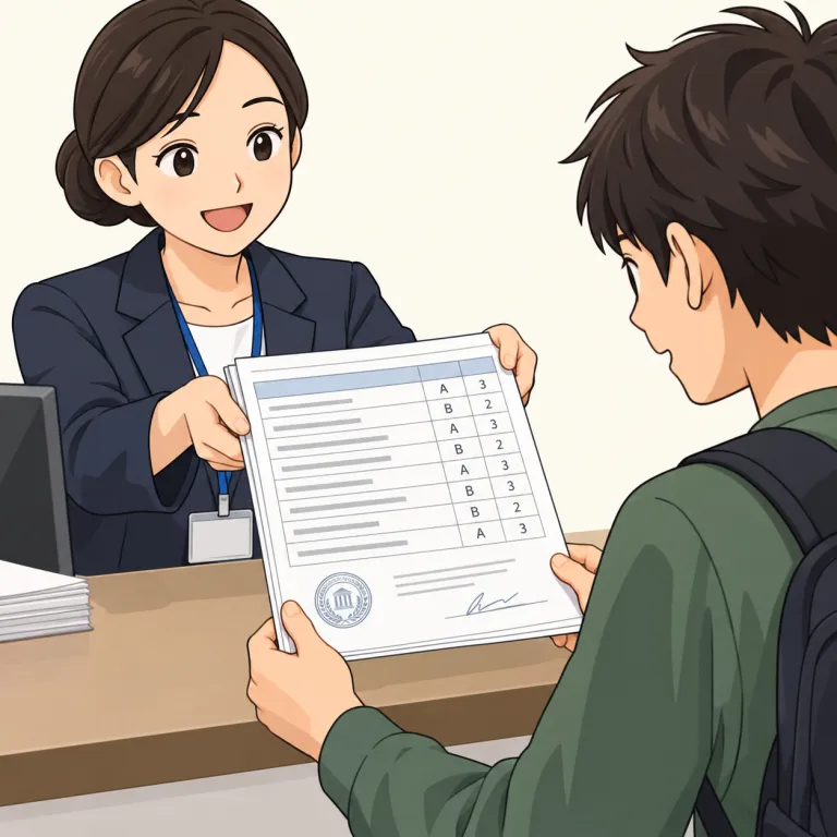transcript（成績証明書・noun）の覚え方イラスト