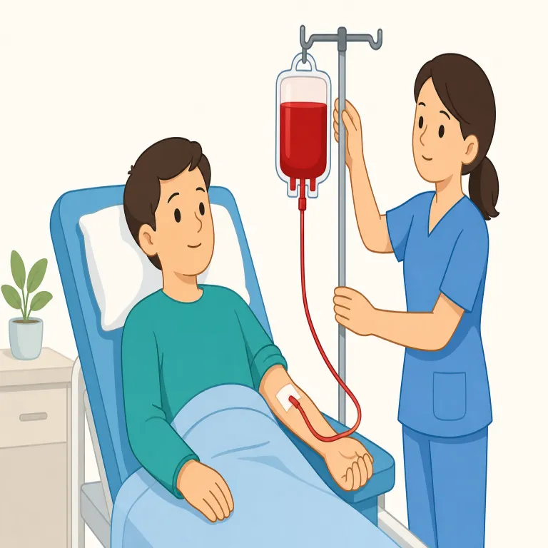 transfusion（輸血・名詞）の覚え方イラスト — transfusion は trans-「向こう側へ移す」と -fusion「注ぎ入れる」から、体内へ何かを移し入れる名詞として読めます