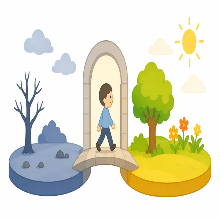 transition（移行・名詞）の覚え方イラスト — `transition` の「移行」は、AからBへ切り替わる途中の段階や橋渡しの期間を表す名詞として覚えるとよいです