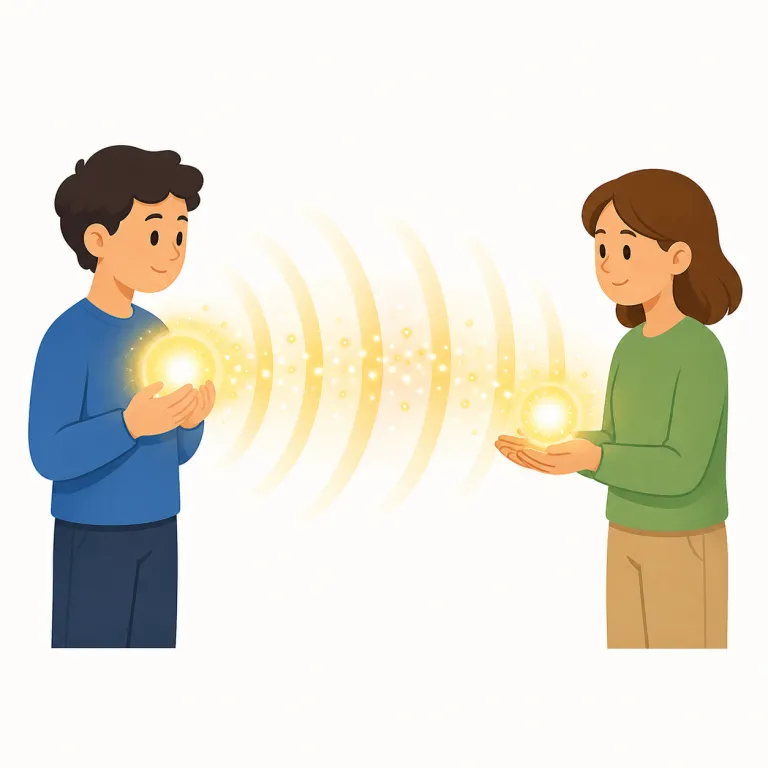 transmit（送る、伝える、伝染させる・動詞）の覚え方イラスト — trans- は transfer や transport と同じく「向こう側へ渡す」感覚
