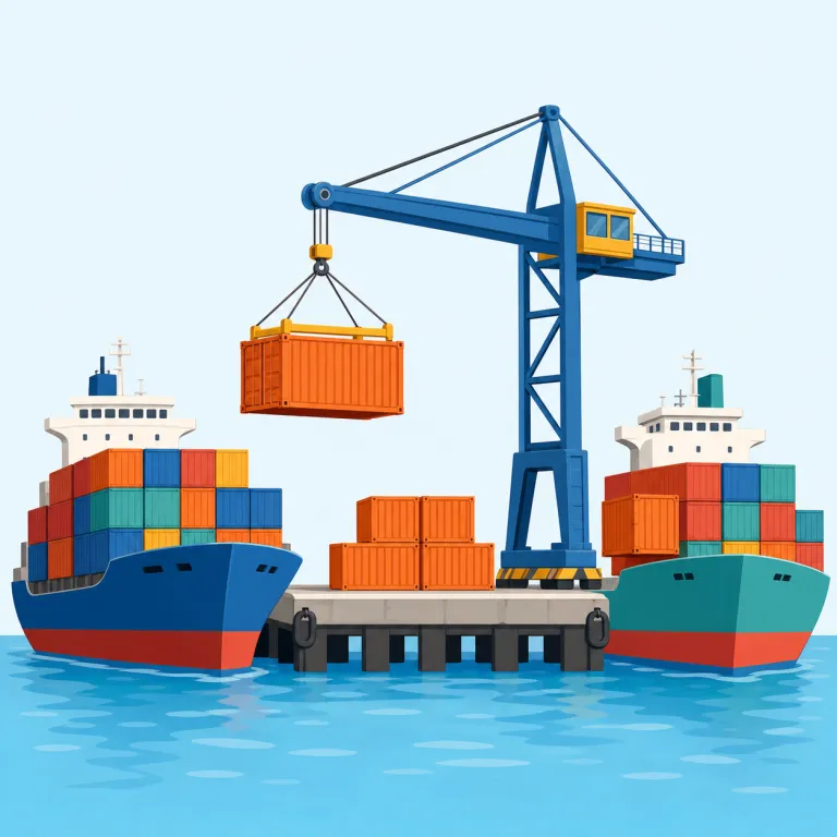 transshipment（積み替え・名詞）の覚え方イラスト — まず中心は ship