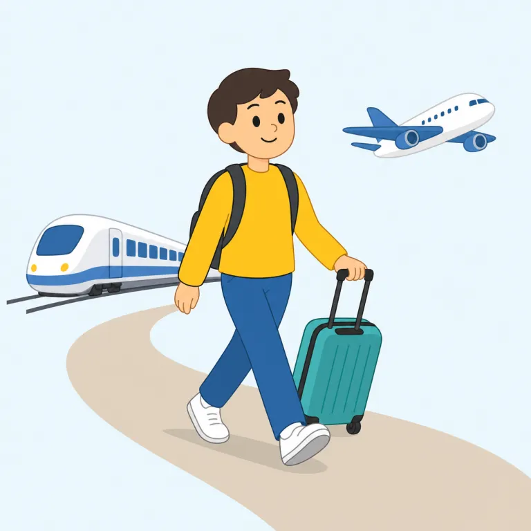 travel（旅行する、移動する・動詞）の覚え方イラスト — travel は「特定の一回の旅行」より、仕事でも観光でも使える広い「移動する」感覚で覚えると残りやすい