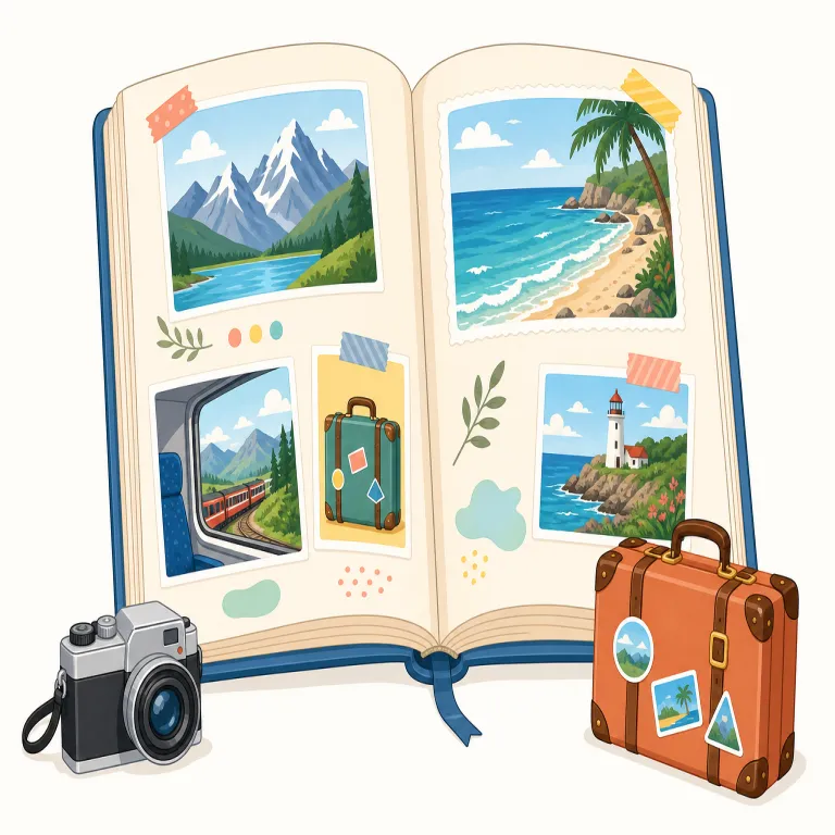 travelogue（旅行記・名詞）の覚え方イラスト — travel に、dialogue / monologue の -logue が付いた形と見ると覚えやすいです
