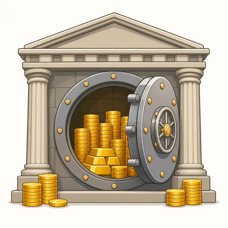 treasury（国庫・名詞）の覚え方イラスト — treasury の「国庫」は、財務省という役所名ではなく、国家のお金が入る大きな保管場所・資金のまとまりを指す意味です
