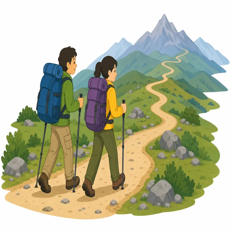 trek（長距離の徒歩旅行・名詞）の覚え方イラスト — a trek と聞いたら、地図上に長いルートが引かれ、宿泊や装備も必要な徒歩の旅を思い浮かべるとよいです