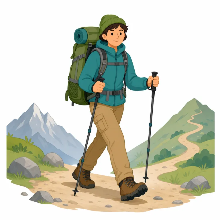 trekker（徒歩旅行者・名詞）の覚え方イラスト — trekker は trek「長く歩く旅をする」に、doer や worker と同じ -er「する人」が付いた語です