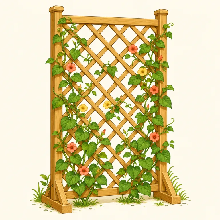 trellis（格子垣・名詞）の覚え方イラスト — garden, rose, vine など植物の語と一緒に覚えると定着しやすい語です