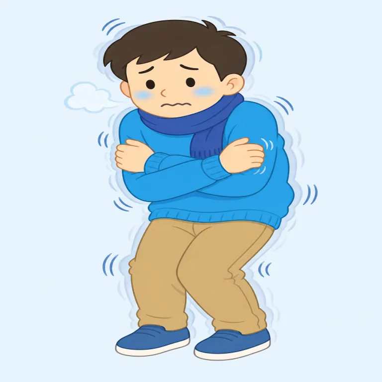 tremble（震える・動詞）の覚え方イラスト — shake が広く「揺れる」なら、tremble はもっと細かく、止めにくい「ぶるぶる震える」感じ