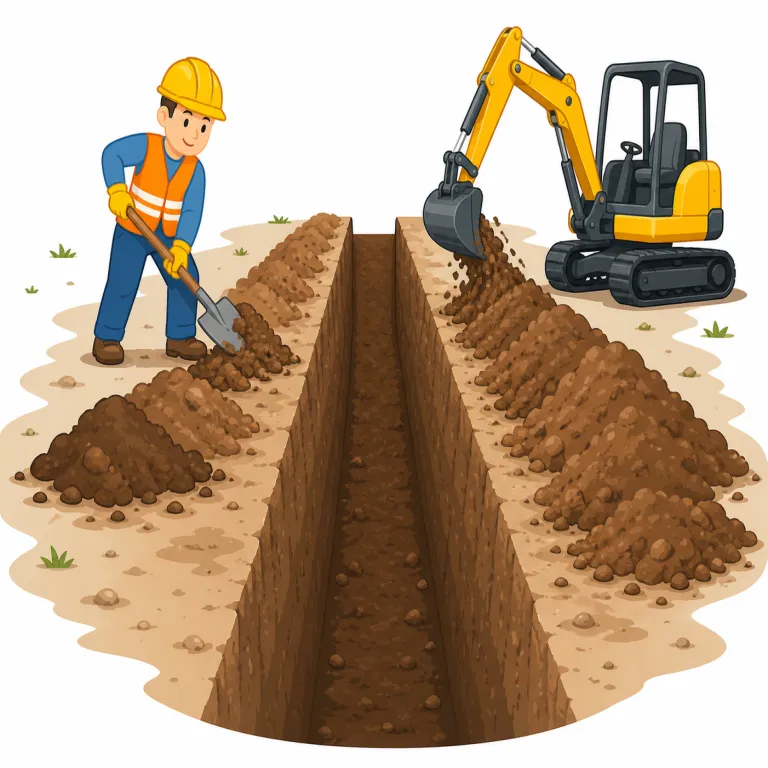trenching（溝掘り・名詞）の覚え方イラスト — このエントリの trenching は、塹壕掘りという軍事的な基本義とは別に、配管・ケーブル・排水路などを通すための細長い溝を掘る工程を表します