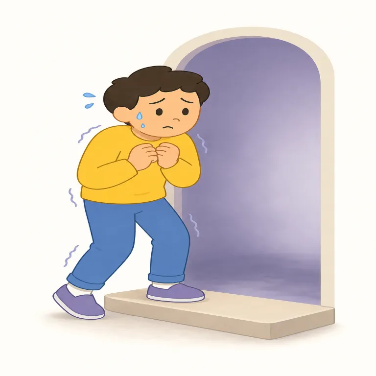 trepidation（不安・名詞）の覚え方イラスト — trepidation は、強い恐怖そのものというより「何かが起こる前に落ち着かず、びくびくしている不安」を表す語