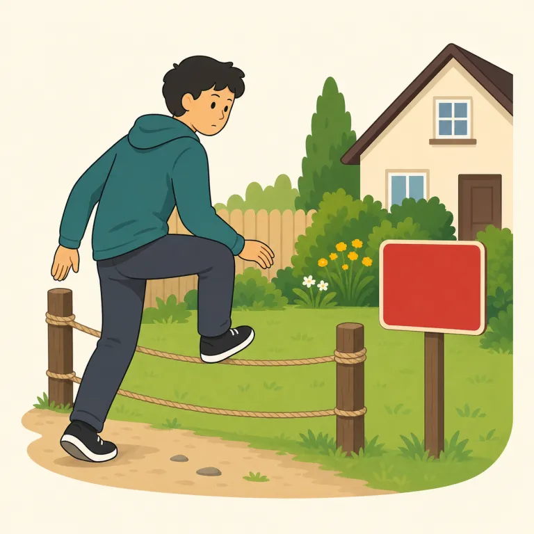 trespass（不法侵入・動詞）の覚え方イラスト — pass を「通る」と知っていれば、trespass は『入ってよい範囲を通り越してしまう』語として覚えやすい