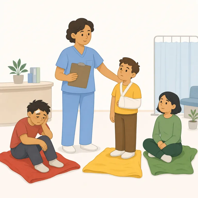 triage（トリアージ・名詞）の覚え方イラスト — ERや災害現場で、医師や看護師が『誰を先に診るか』を瞬時に決める場面と結び付けると定着しやすい語です