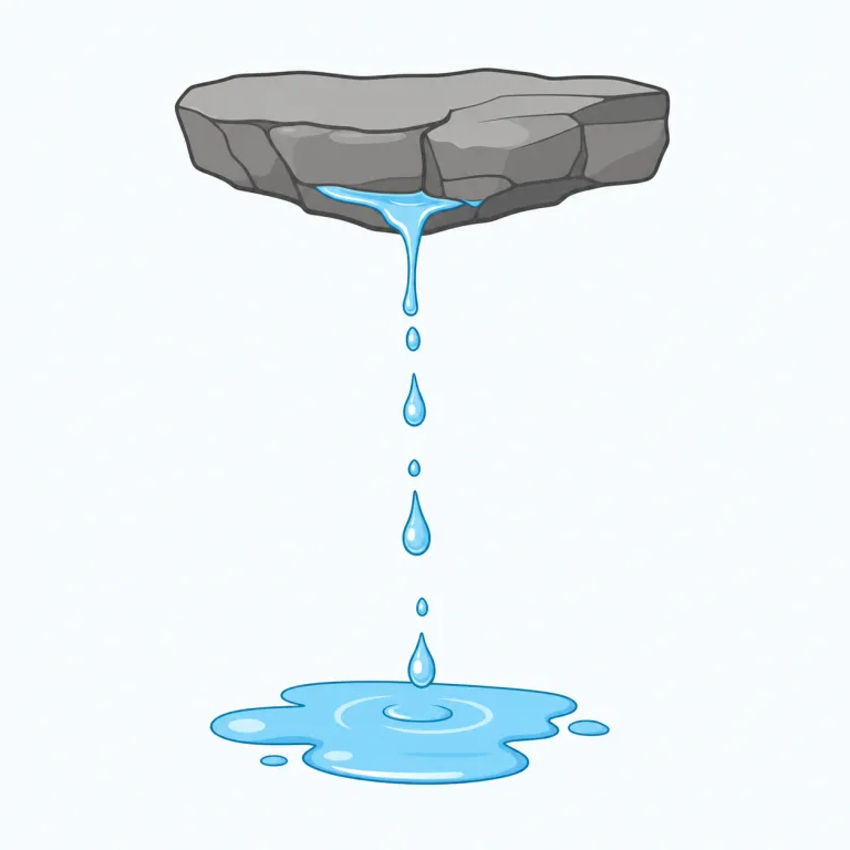 trickle（ちょろちょろ流れる・動詞）の覚え方イラスト — trickle は flow「流れる」より量が少なく、pour「勢いよく注ぐ」よりずっと弱い動きです
