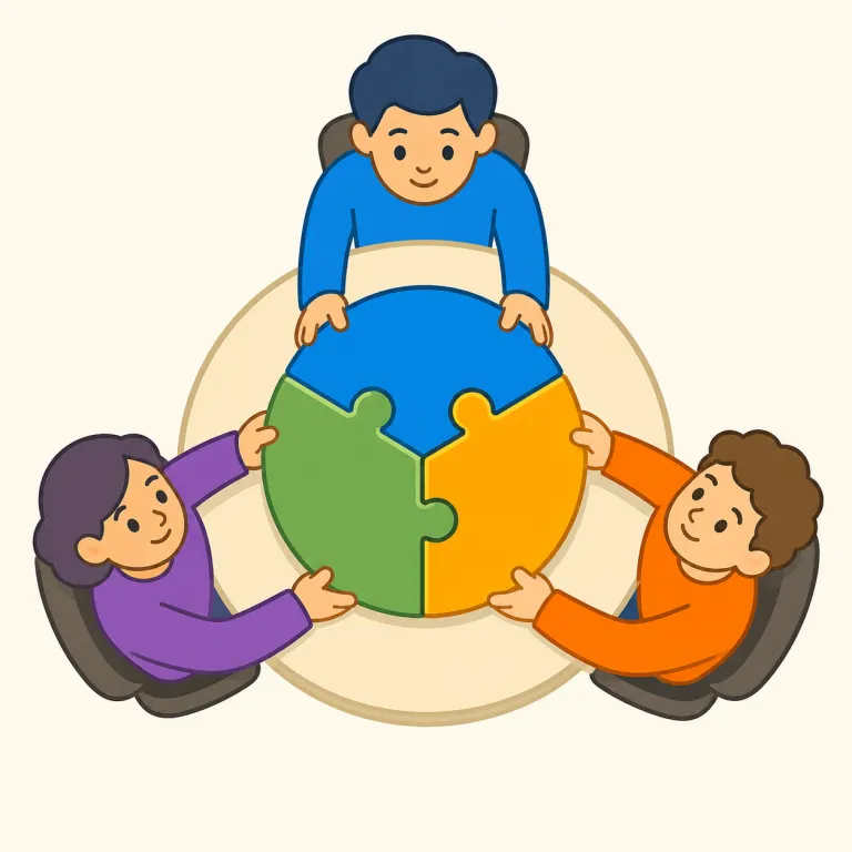 tripartite（三者間の・形容詞）の覚え方イラスト — tri- は triangle, tricycle でもおなじみの「3」、part は「部分・当事者」