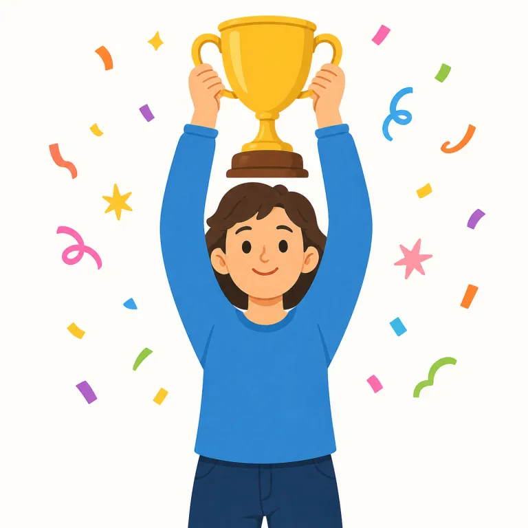 triumph（勝利・名詞）の覚え方イラスト — 名詞triumphは、スコア表の勝敗ではなく、祝福される成果そのものを指すと考えると覚えやすいです