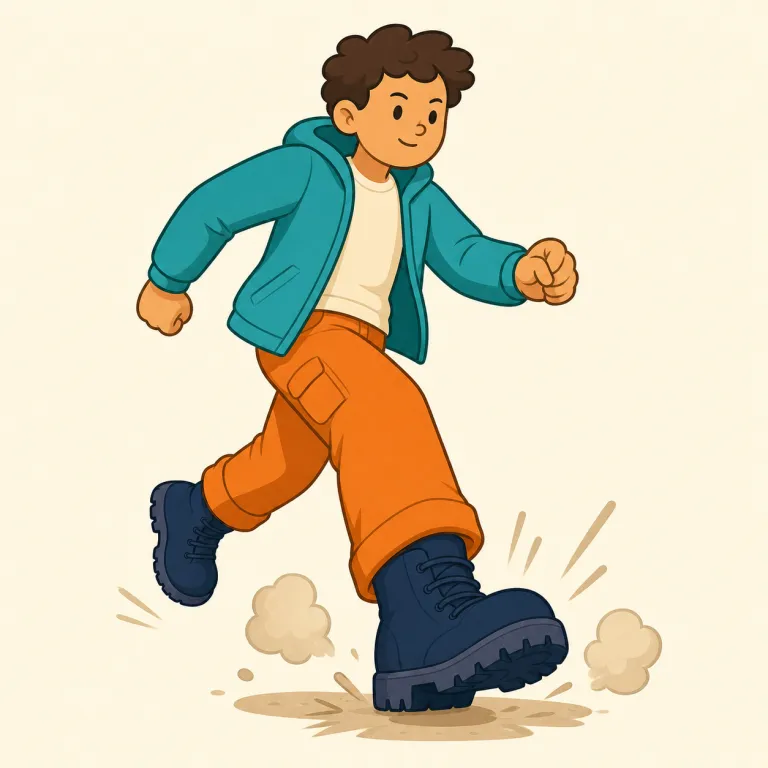 tromp（ドシドシ歩く・動詞）の覚え方イラスト — `tromp` は、普通の `walk` ではなく、足音が大きい `stomp` や `tramp` に近い動きを思い出すと残りやすい語です