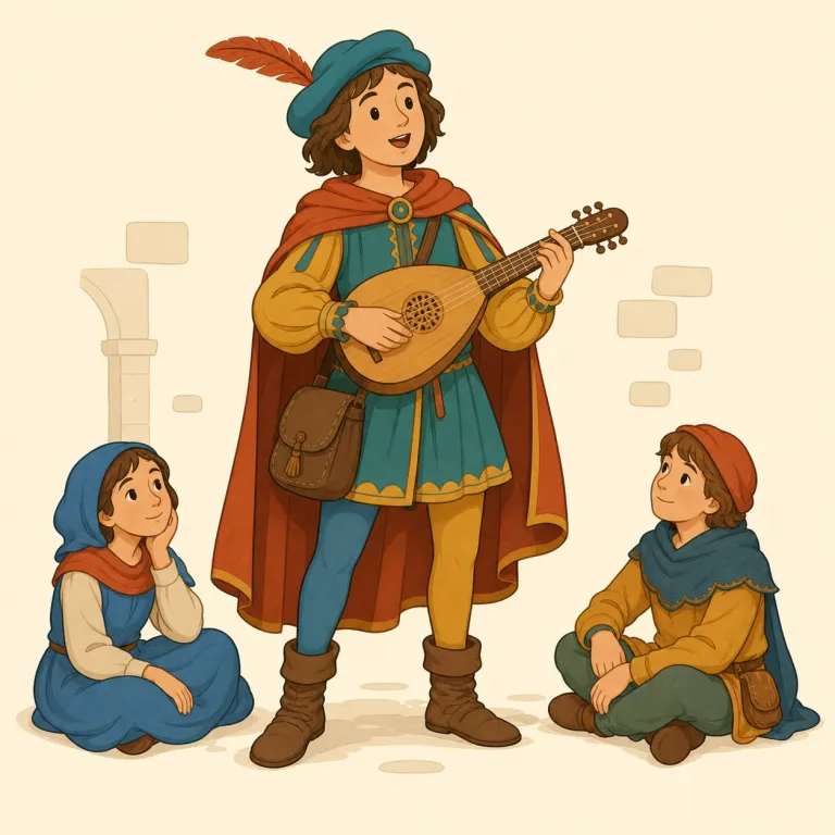troubadour（吟遊詩人・名詞）の覚え方イラスト — troubadour は bard（詩人・吟遊詩人）や minstrel に近い仲間として覚えると定着しやすい語です