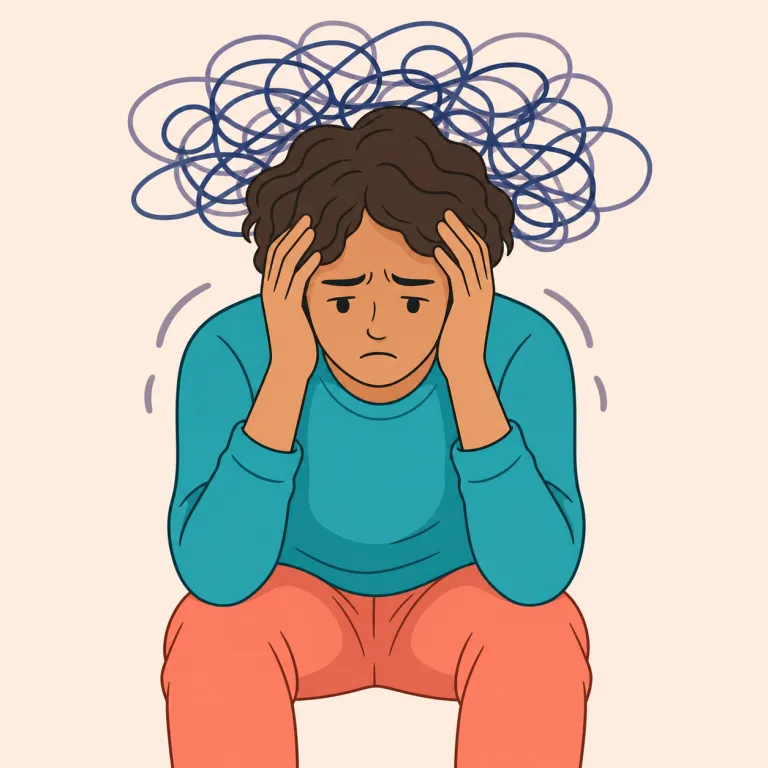 troubled（悩んでいる・形容詞）の覚え方イラスト — trouble「問題、悩ませる」の影響を受けた状態が troubled です
